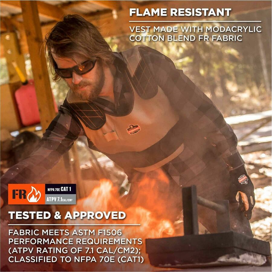 Ergodyne 6215 Safety Vest, Small/Medium, Khaki, Hook & Loop Closure, Adjustable, Flame Resistant, Reflective Strap, Elastic Loop, Cotton/Modacrylic Fabric, Includes 2 Cooling Packs, 1 Each