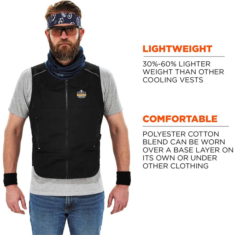 Ergodyne 6260 Safety Vest - Recommended for: Pulp & Paper, Indoor, Outdoor, Biking, Motorcycle - Small/Medium - Zipper Closure - Polyester, Cotton - Black - Lightweight, Flexible, Adjustable, Heavy Duty, Pocket, Long Lasting - 1 Each
