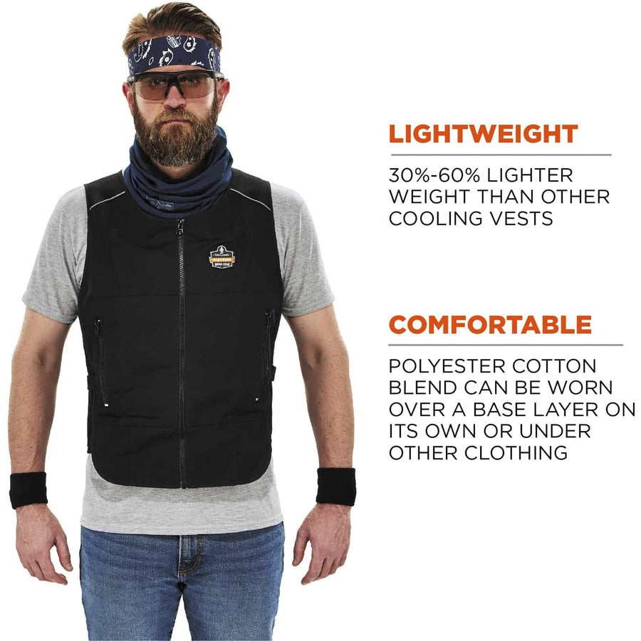 Ergodyne 6260 Safety Vest - Recommended for: Pulp & Paper, Motorcycle, Biking, Indoor, Outdoor - Large/Extra Large - Zipper Closure - Polyester, Cotton - Black - Lightweight, Flexible, Adjustable, Heavy Duty, Pocket, Long Lasting - 1 Each