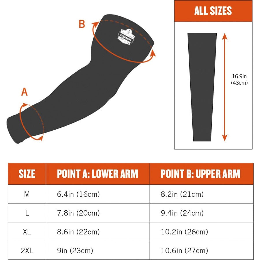 Ergodyne 6690 Cooling Arm Sleeves, Medium, 16.90" Length, Black, Fabric, Durable, Comfortable, UV Protection, Abrasion Resistant, Moisture Wicking, Anti-odor, Machine Washable, Chemical-free, Stretchable, 2 Sleeves per Pack