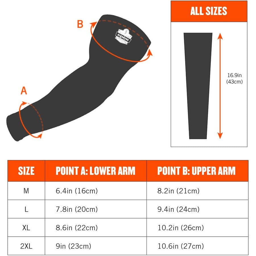 Ergodyne 6690 Cooling Arm Sleeves, Medium, 16.90" Length, Lime, Fabric, Durable, Comfortable, UV Protection, Abrasion Resistant, Moisture Wicking, Anti-odor, Machine Washable, Chemical-free, Stretchable, 1 Each