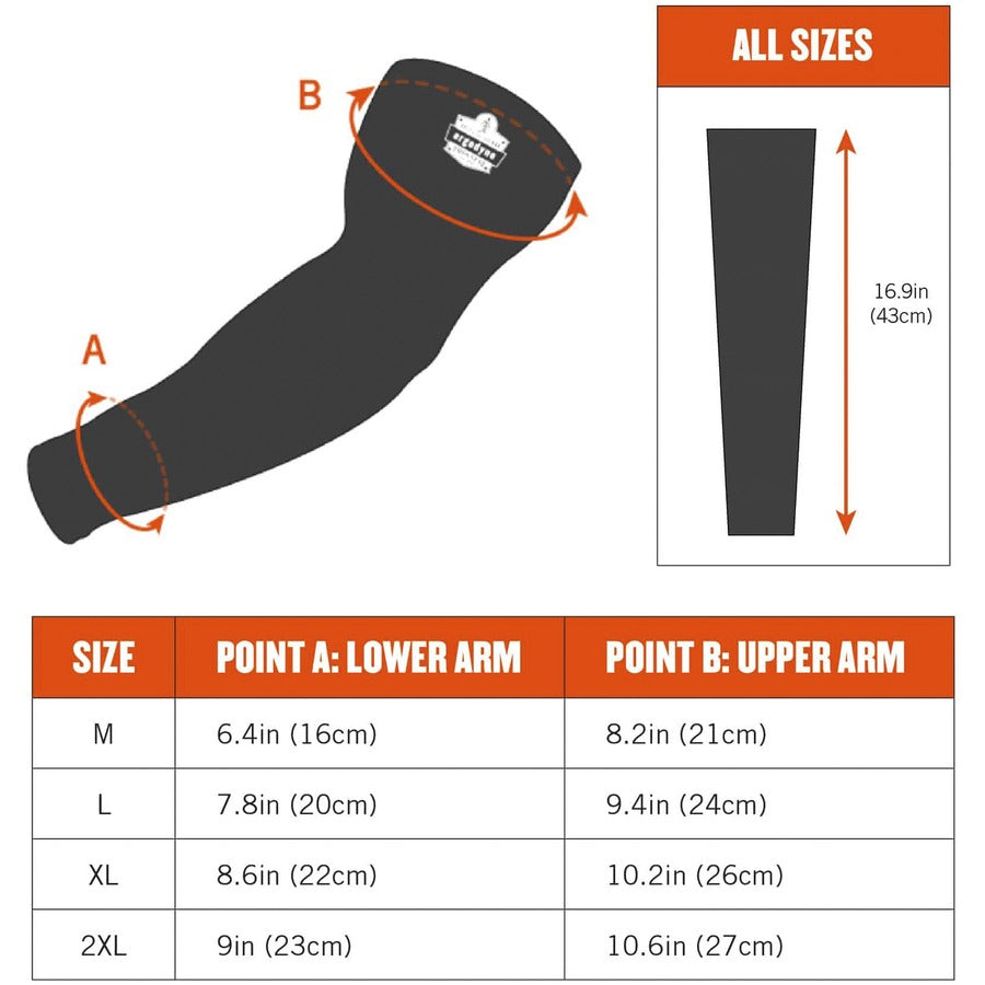Ergodyne 6690 Cooling Arm Sleeves, Black, XXL, 16.90" Length, Fabric, Pair of 2 Sleeves, Durable, Comfortable, UV Protection, Abrasion Resistant, Moisture Wicking, Anti-odor, Machine Washable, Stretchable, Chemical-free