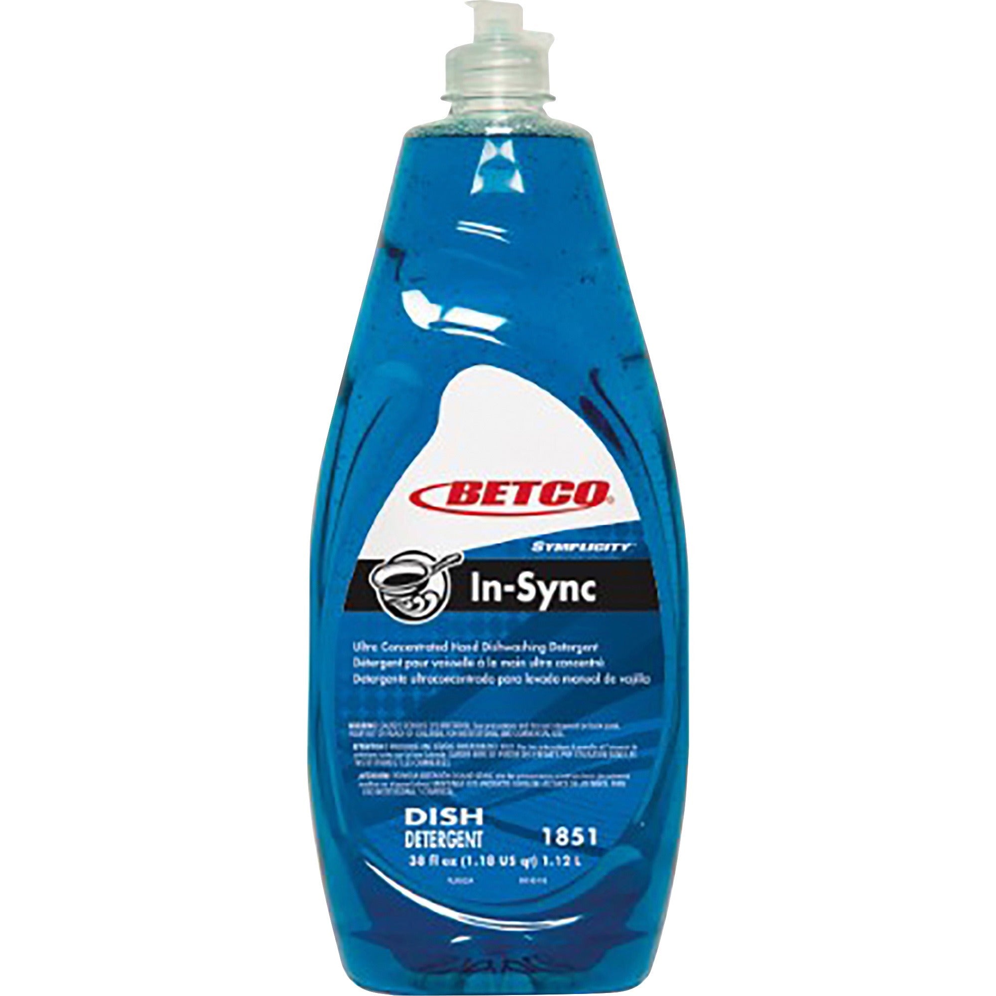 Betco Simplicity In-Sync Dishwashing Liquid - Concentrate - 38 fl oz (1.2 quart) - Fresh Ozonic Scent - Film-free, Rinse-free, Streak-free - Blue Bottle - 1 Each