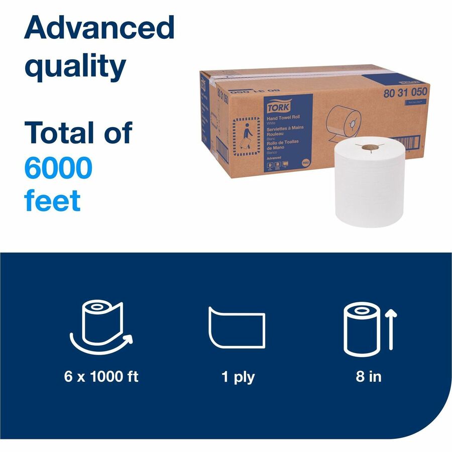 TORK Hand Towel Roll White H80 - 1 Ply - 7.85" Roll Diameter - 1 15/16" Core - White - Fiber - 6 Rolls Per CartonCarton - 6 / Carton