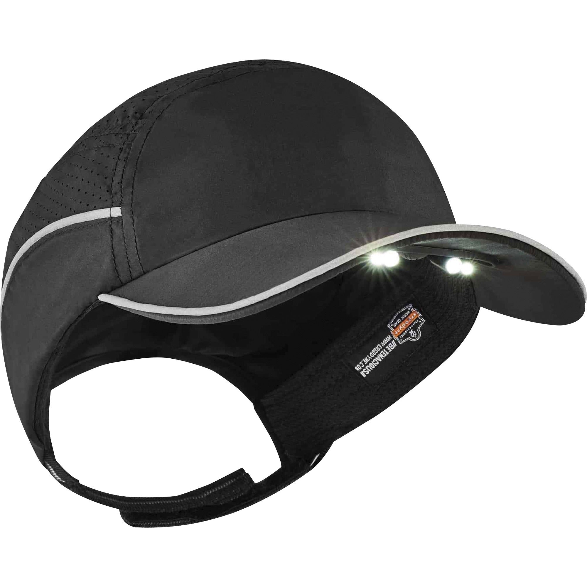 Ergodyne Skullerz 8965 Long Brim Cap with LED Light, Black, Nylon, Lightweight, Impact Resistant, Breathable, Removable, Washable, Antimicrobial, Reflective Strap, Includes 4 CR2032 Batteries, 1 Each