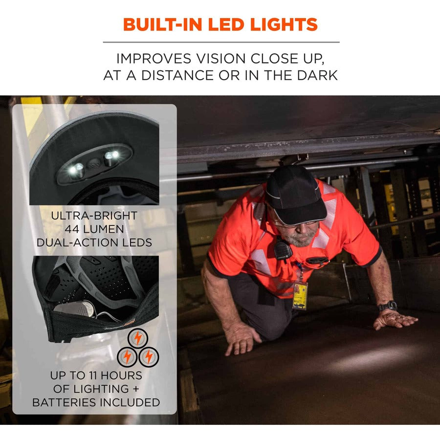 Ergodyne Skullerz 8965 Long Brim Cap with LED Light, Black, Nylon, Lightweight, Impact Resistant, Breathable, Removable, Washable, Antimicrobial, Reflective Strap, Includes 4 CR2032 Batteries, 1 Each