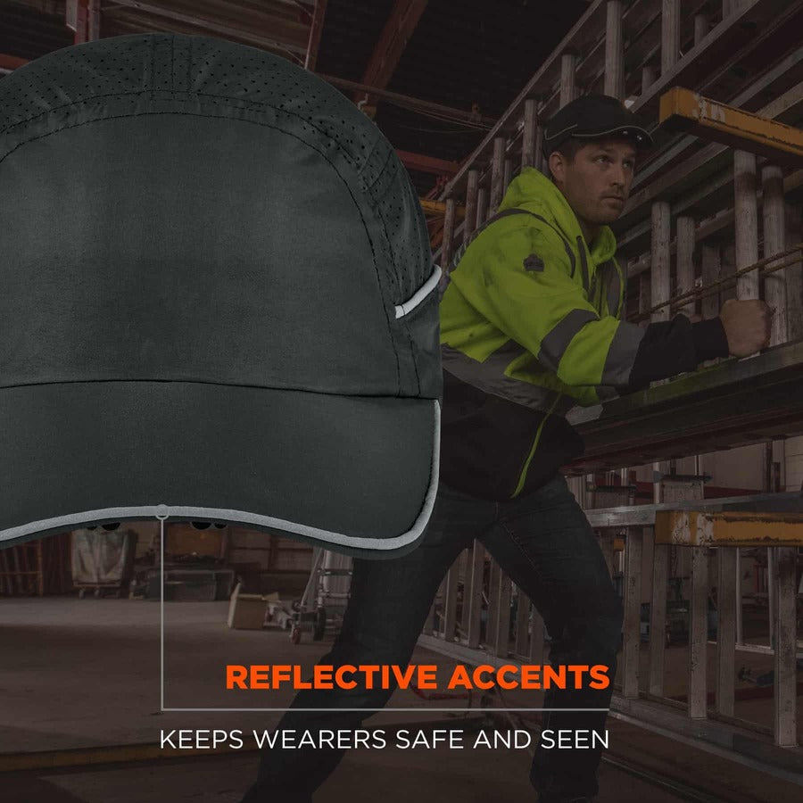 Ergodyne Skullerz 8965 Long Brim Cap with LED Light, Black, Nylon, Lightweight, Impact Resistant, Breathable, Removable, Washable, Antimicrobial, Reflective Strap, Includes 4 CR2032 Batteries, 1 Each