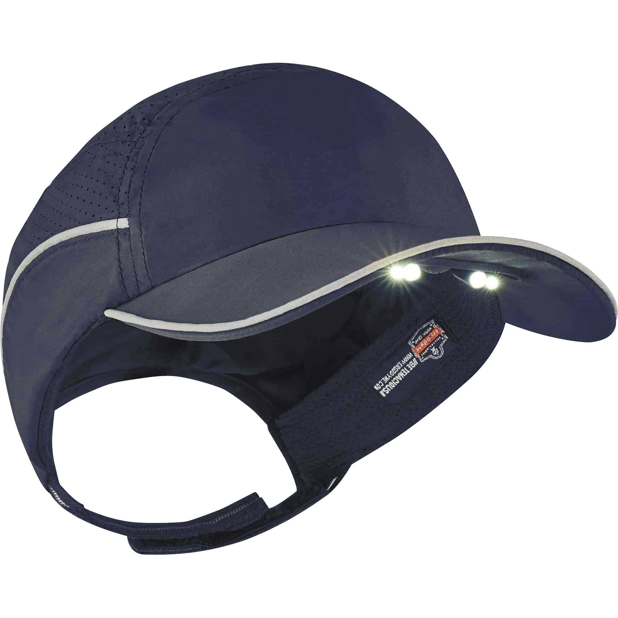 Ergodyne 8965 Long Brim Cap with LED Light, Navy, Lightweight, Impact Resistant, Breathable, Removable, Reflective Strap, Washable, Antimicrobial, 1 Each