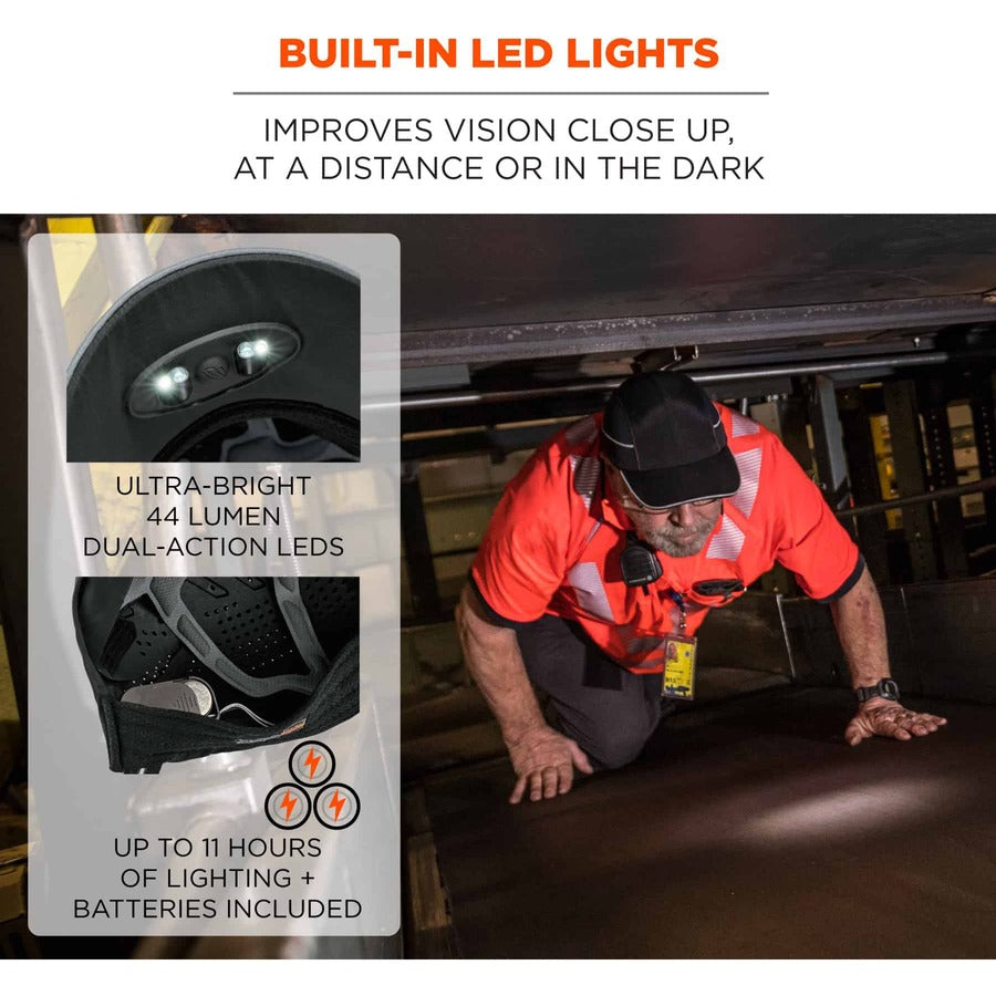 Ergodyne Skullerz 8965 Bump Cap Hat with LED Light, Black, Lightweight, Impact Resistant, Breathable, Removable, Washable, Antimicrobial, Includes 4 CR2032 Batteries, 1 Each