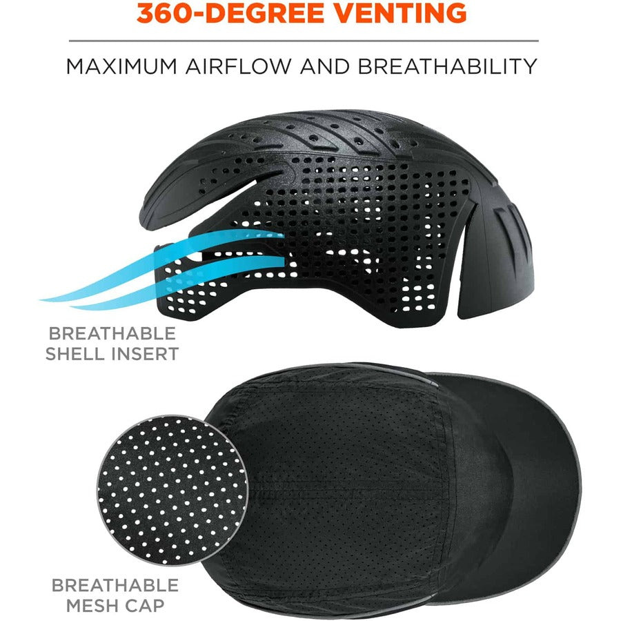 Ergodyne Skullerz 8965 Bump Cap Hat with LED Light, Black, Lightweight, Impact Resistant, Breathable, Removable, Washable, Antimicrobial, Includes 4 CR2032 Batteries, 1 Each