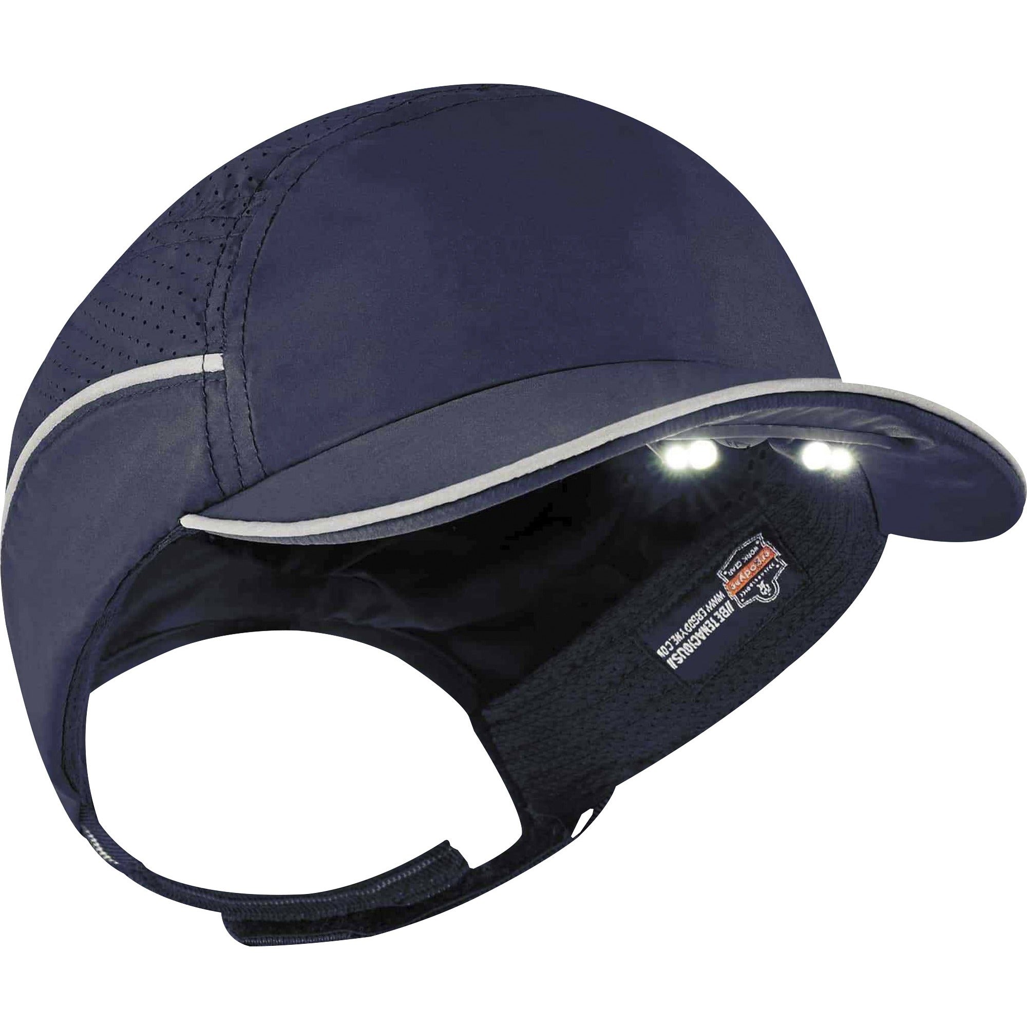 Ergodyne Skullerz 8965 Bump Cap Hat with LED Light, Navy, Lightweight, Breathable, Reflective Strap, Removable, Washable, Antimicrobial, Impact Resistant, Nylon, Includes 4 Batteries, 1 Each