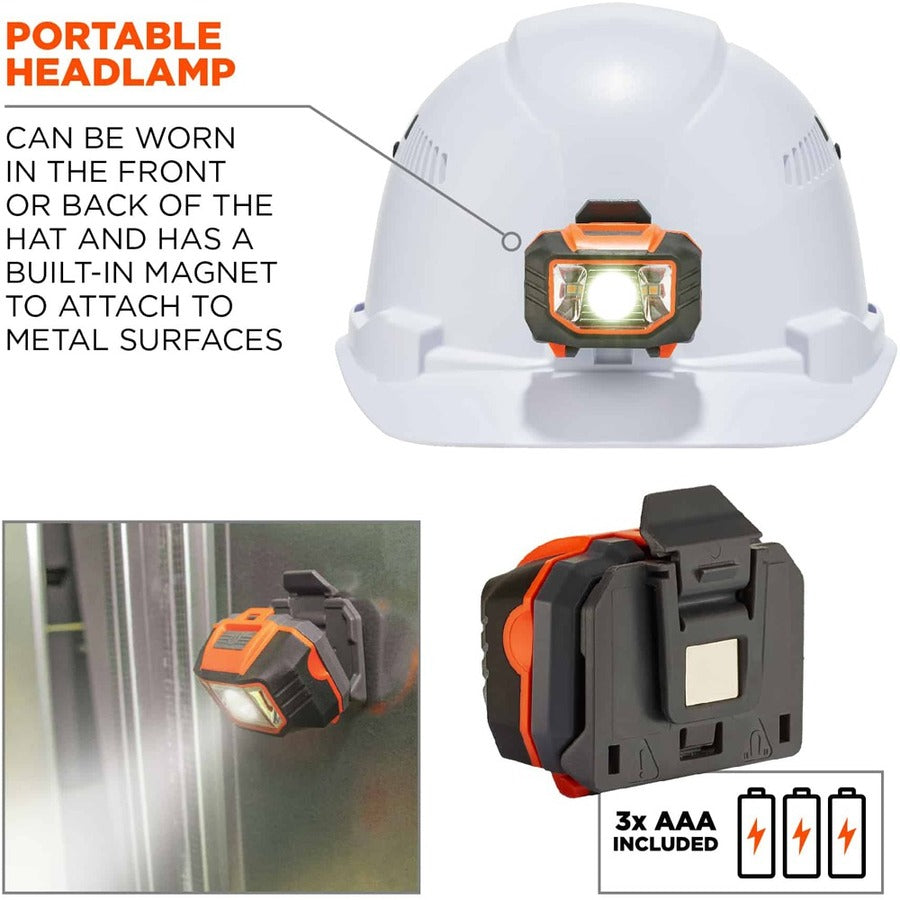 Ergodyne Skullerz 8972LED Cap-Style Hard Hat with LED Light, Vented, Adjustable, Removable Sweatband, White, 1 Each