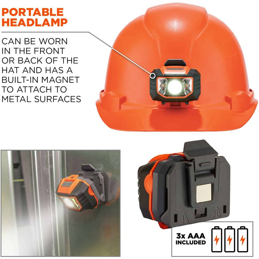 Ergodyne Skullerz 8970LED Cap Style Hard Hat with LED Light, Adjustable Ratchet, Removable Sweatband, Orange, Lightweight, Heavy Duty, 1 Each