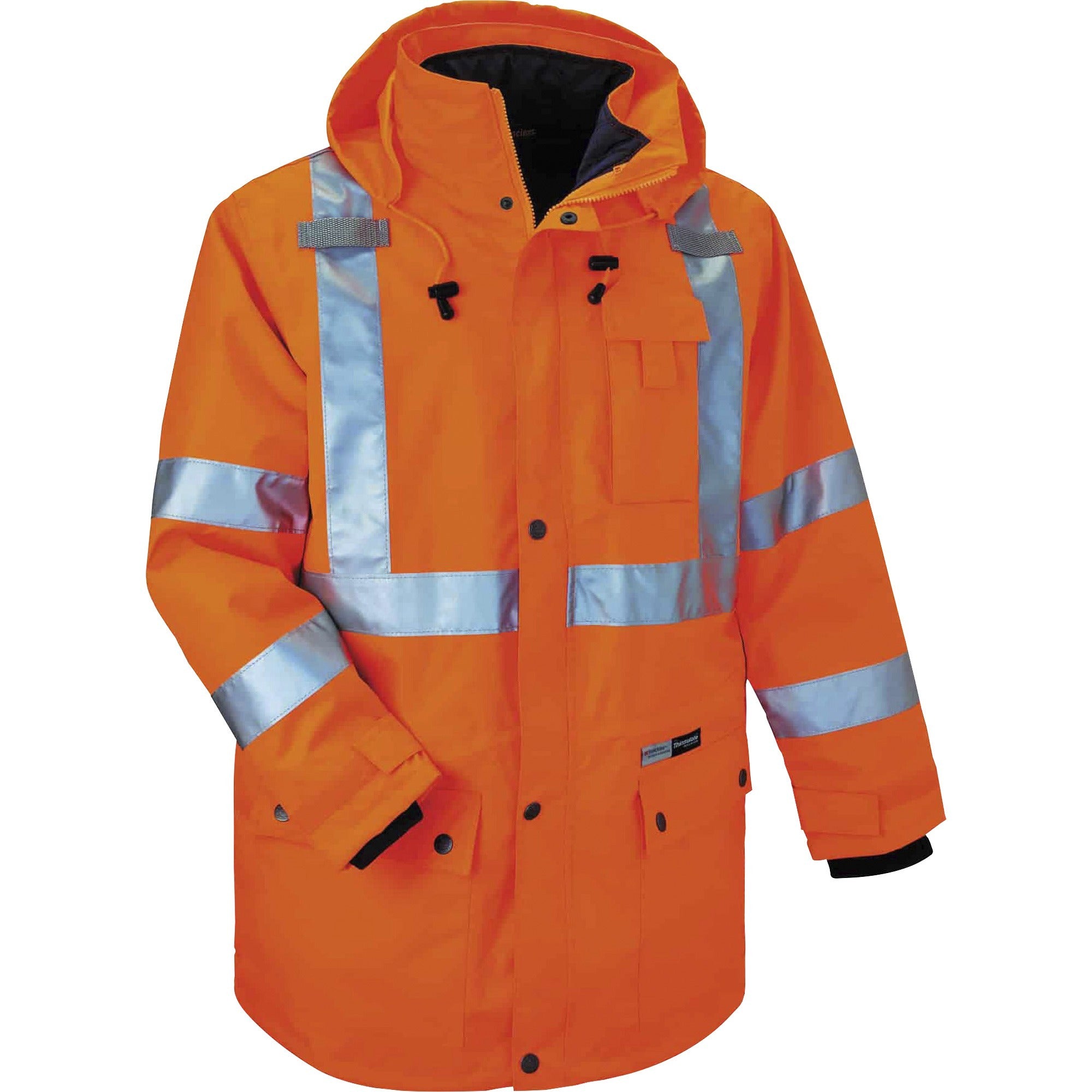 Ergodyne 4-in-1 High Visibility Jacket, 2X-Large, Orange, Zipper Closure, Weatherproof, Reflective Strips, Removable Sleeves, Inset Hood, Chest and Cell Phone Pockets, 1 Each