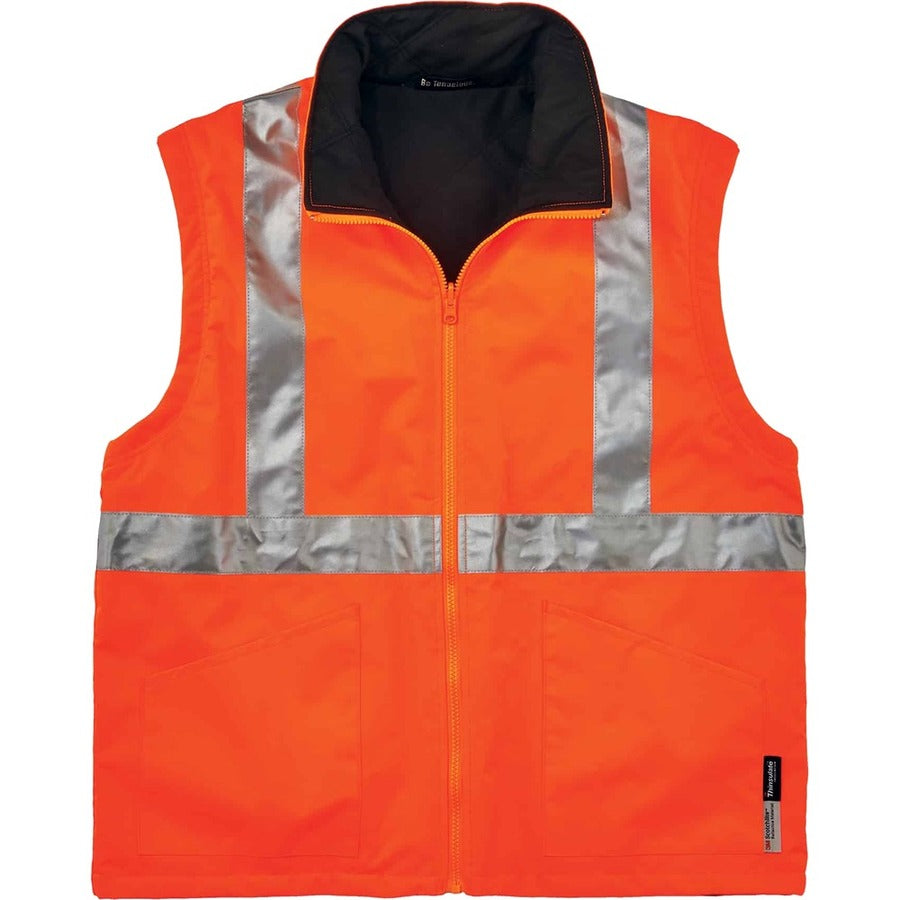 Ergodyne 4-in-1 High Visibility Jacket, 2X-Large, Orange, Zipper Closure, Weatherproof, Reflective Strips, Removable Sleeves, Inset Hood, Chest and Cell Phone Pockets, 1 Each