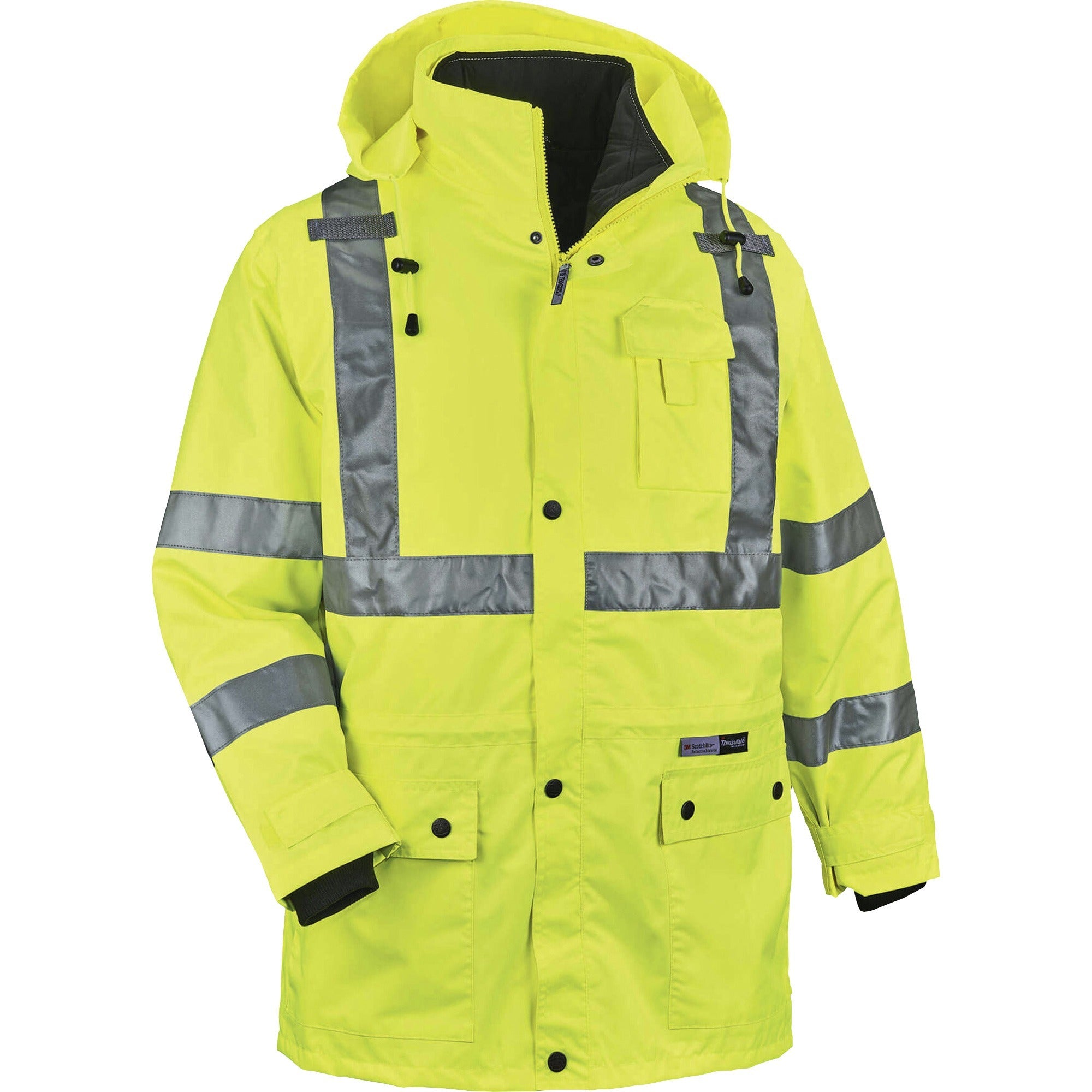 Ergodyne 4-in-1 High Visibility Jacket, 3X-Large, Lime, Zipper Closure, Weatherproof, Reflective Strips, Removable Sleeves, Inset Hood, Chest and Cell Phone Pockets, 1 Each