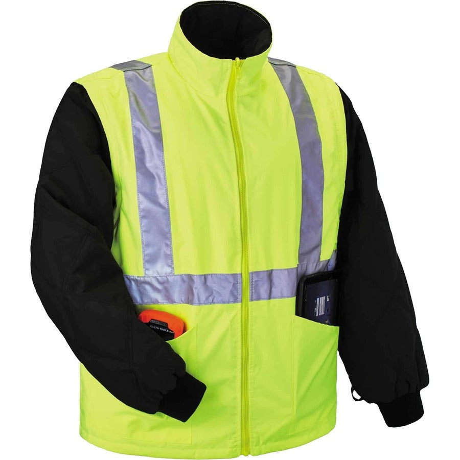 Ergodyne 4-in-1 High Visibility Jacket, 3X-Large, Lime, Zipper Closure, Weatherproof, Reflective Strips, Removable Sleeves, Inset Hood, Chest and Cell Phone Pockets, 1 Each