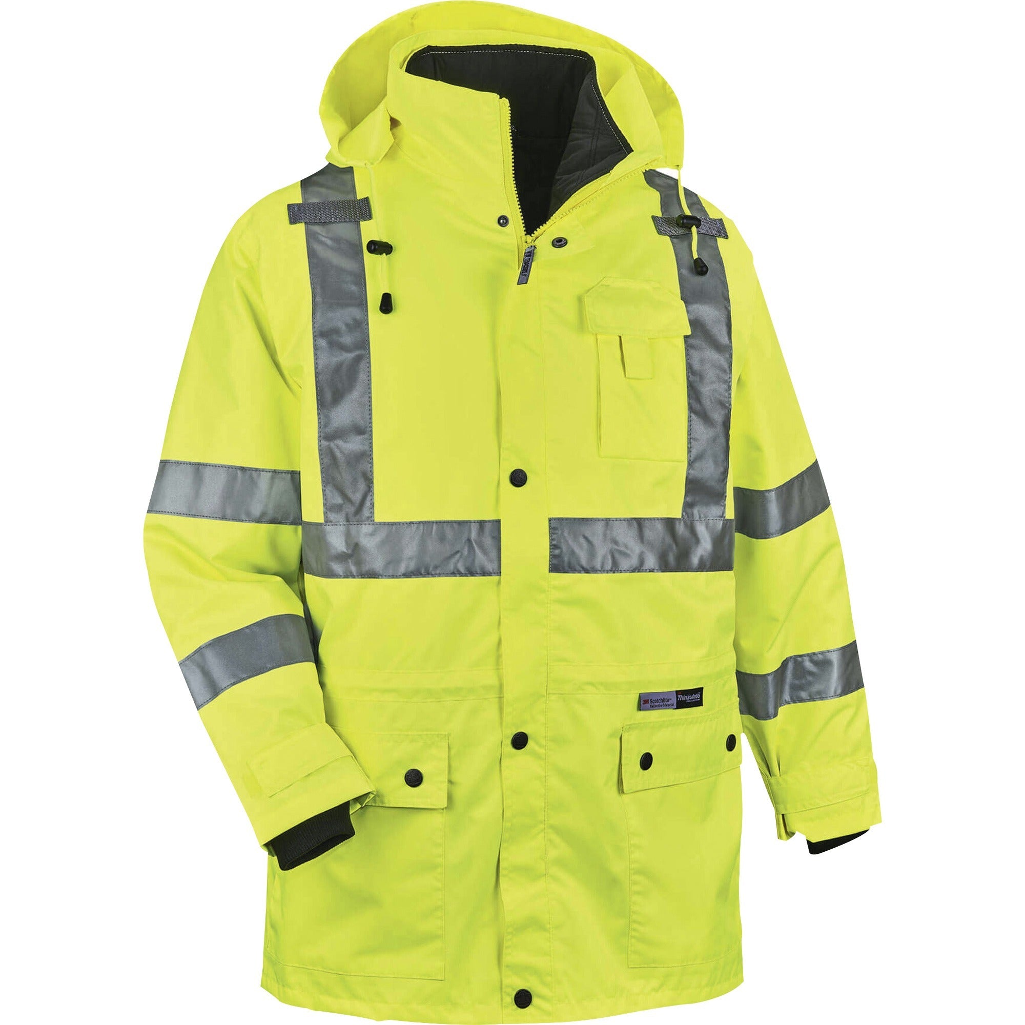 Ergodyne 4-in-1 High Visibility Jacket, 4XL, Lime, Zipper Closure, Weatherproof, Reflective Strips, Removable Sleeves, Inset Hood, Chest and Cell Phone Pockets, 1 Each