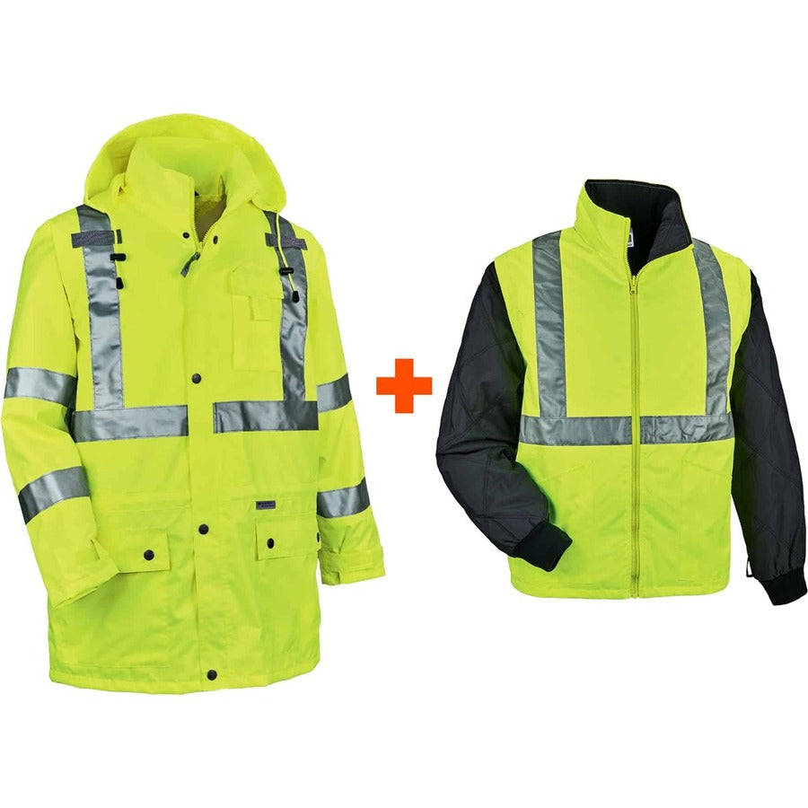 Ergodyne 4-in-1 High Visibility Jacket, 4XL, Lime, Zipper Closure, Weatherproof, Reflective Strips, Removable Sleeves, Inset Hood, Chest and Cell Phone Pockets, 1 Each