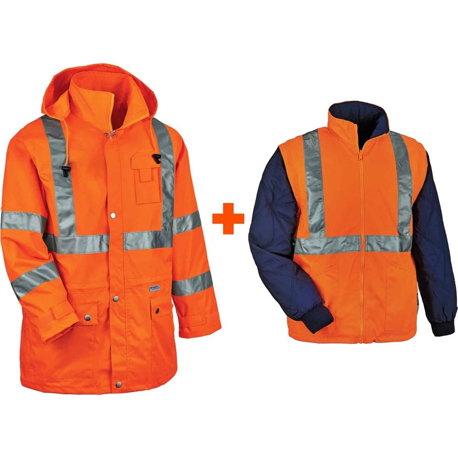 Ergodyne GloWear 8385 4-in-1 High Visibility Jacket, 4XL, Orange, Zipper Closure, Weatherproof, Reflective Strips, Removable Sleeves, Inset Hood, Chest and Cell Phone Pockets, 1 Each