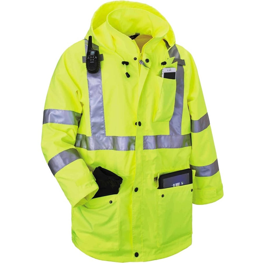 Ergodyne GloWear 4-in-1 High Visibility Jacket, 5X-Large, Lime, Zipper Closure, Removable Sleeves, Inset Hood, Reflective Strips, Breathable, Weatherproof, 1 Each