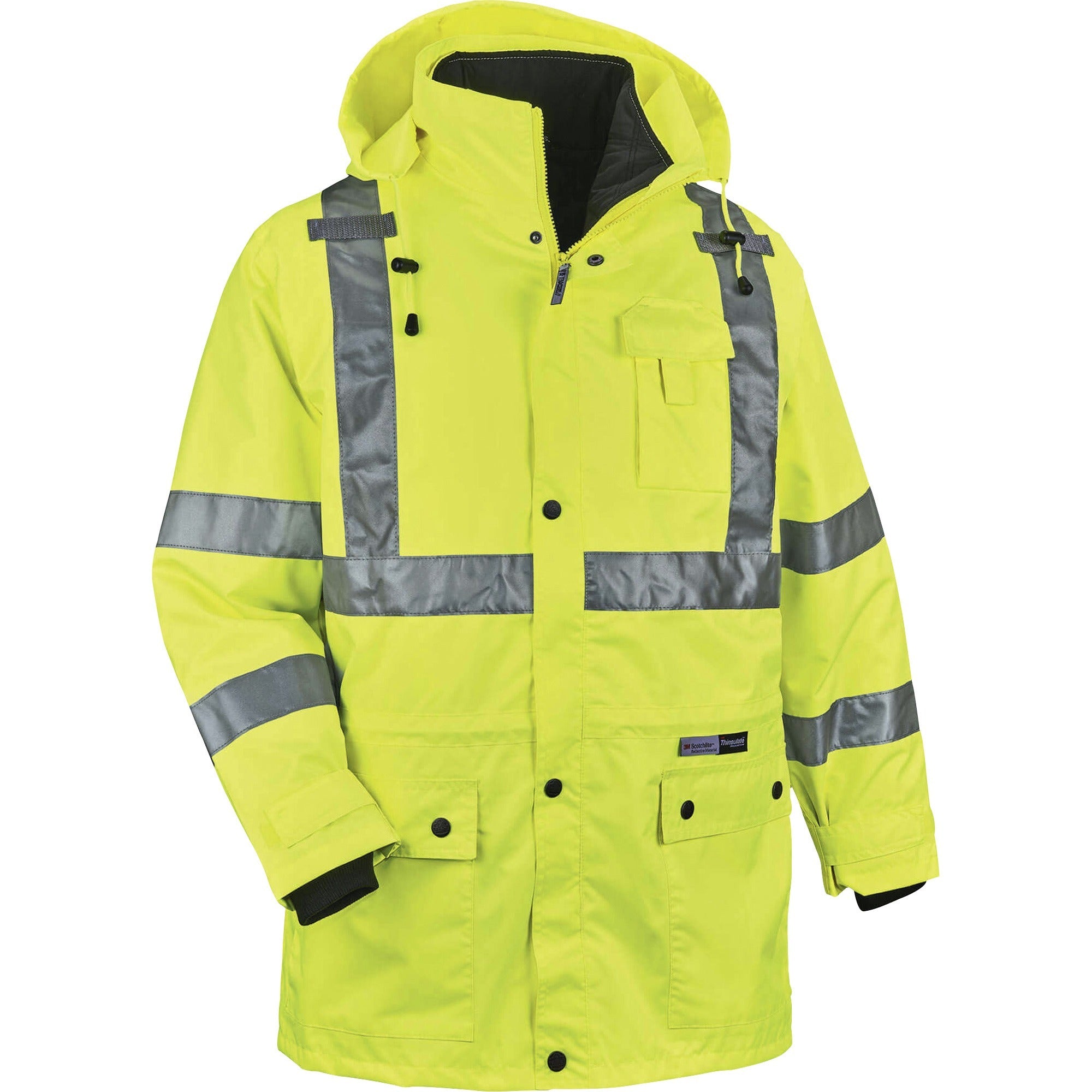Ergodyne GloWear 4-in-1 High Visibility Jacket, 5X-Large, Lime, Zipper Closure, Removable Sleeves, Inset Hood, Reflective Strips, Breathable, Weatherproof, 1 Each