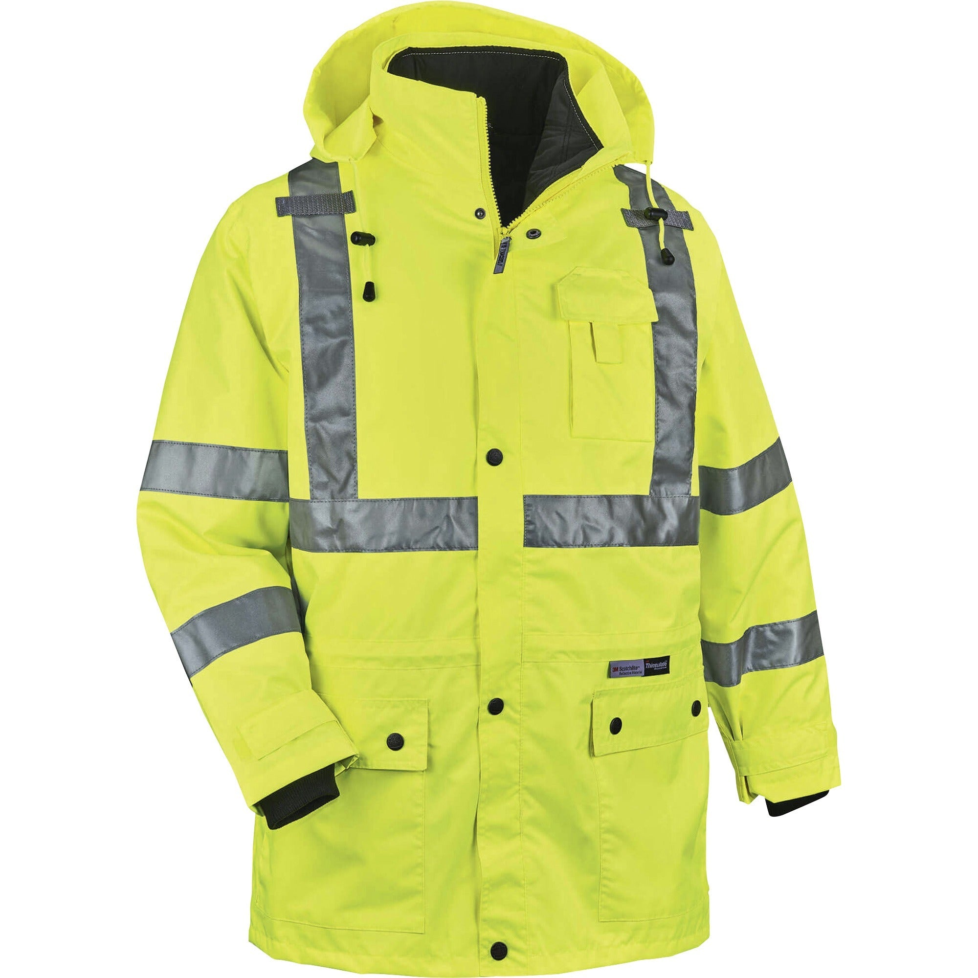 Ergodyne GloWear 8385 4-in-1 High Visibility Jacket, Large, Lime, Zipper Closure, Removable Sleeves, Inset Hood, Reflective Strips, Breathable, Weatherproof, 1 Each