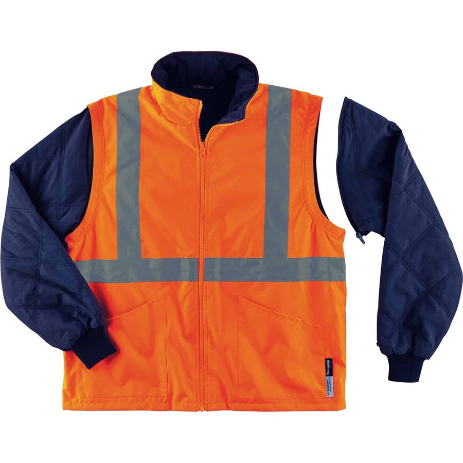 Ergodyne GloWear 4-in-1 High Visibility Jacket, Large, Orange, Zipper Closure, Weatherproof, Reflective Strips, Removable Sleeves, Inset Hood, Chest and Cell Phone Pockets, 1 Each