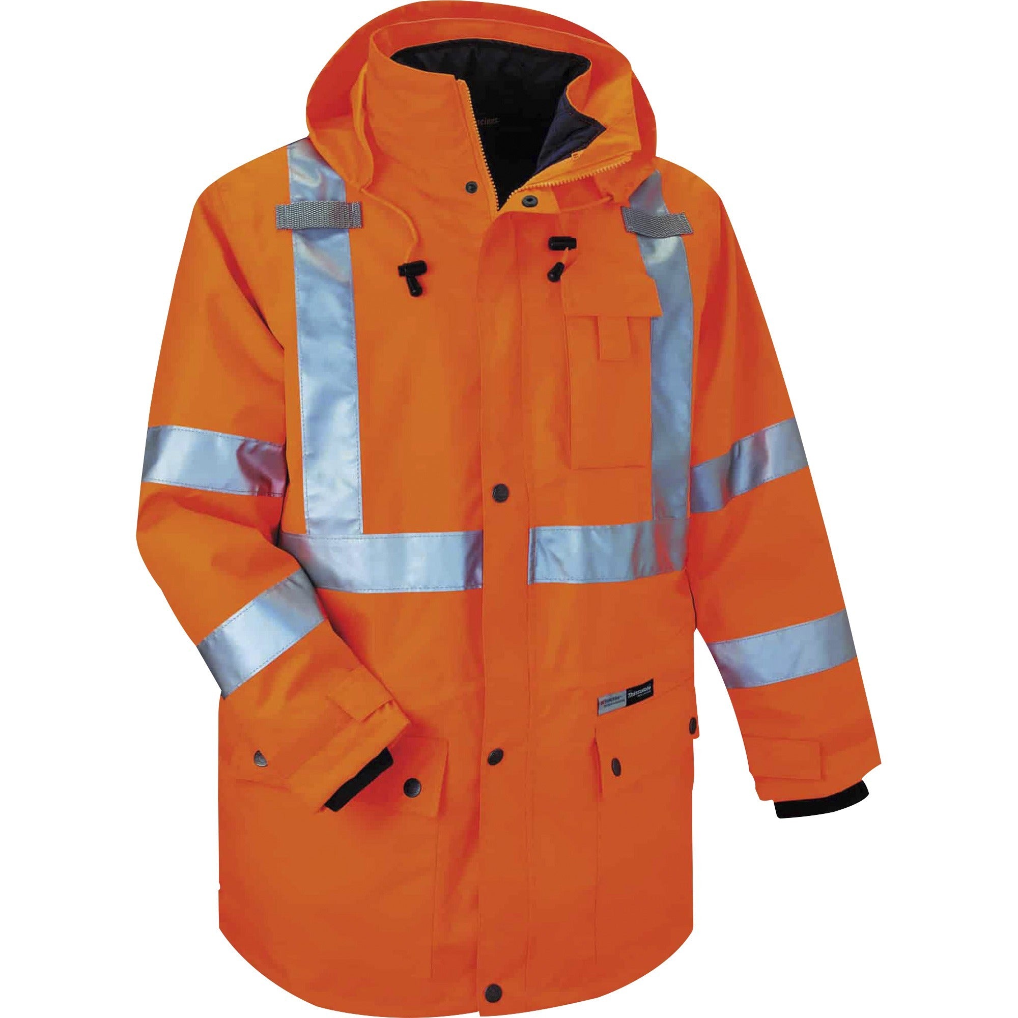 Ergodyne GloWear 4-in-1 High Visibility Jacket, Medium, Orange, Zipper Closure, Weatherproof, Reflective Strips, Removable Sleeves, Inset Hood, Chest and Cell Phone Pockets, 1 Each