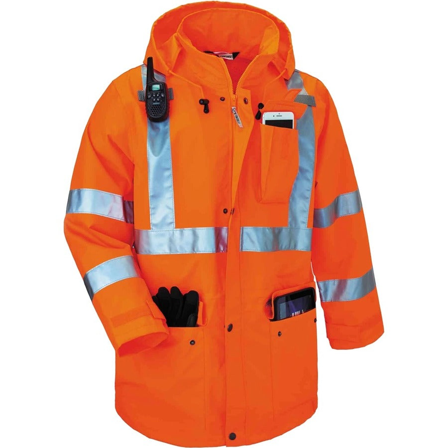 Ergodyne GloWear 8385 4-in-1 High Visibility Jacket, Small, Orange, Zipper Closure, Weatherproof, Reflective Strip, Removable Sleeves, Inset Hood, Chest and Cell Phone Pockets, 1 Each