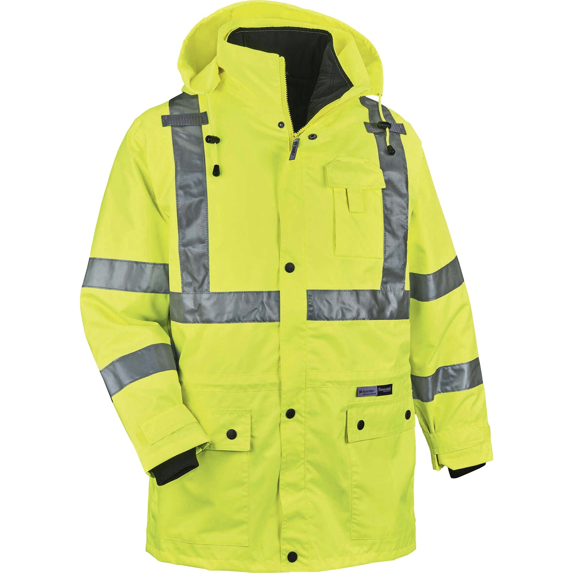 Ergodyne GloWear 4-in-1 High Visibility Jacket, X-Large, Lime, Zipper Closure, Removable Sleeves, Inset Hood, Reflective Strips, Breathable, Weatherproof, 1 Each