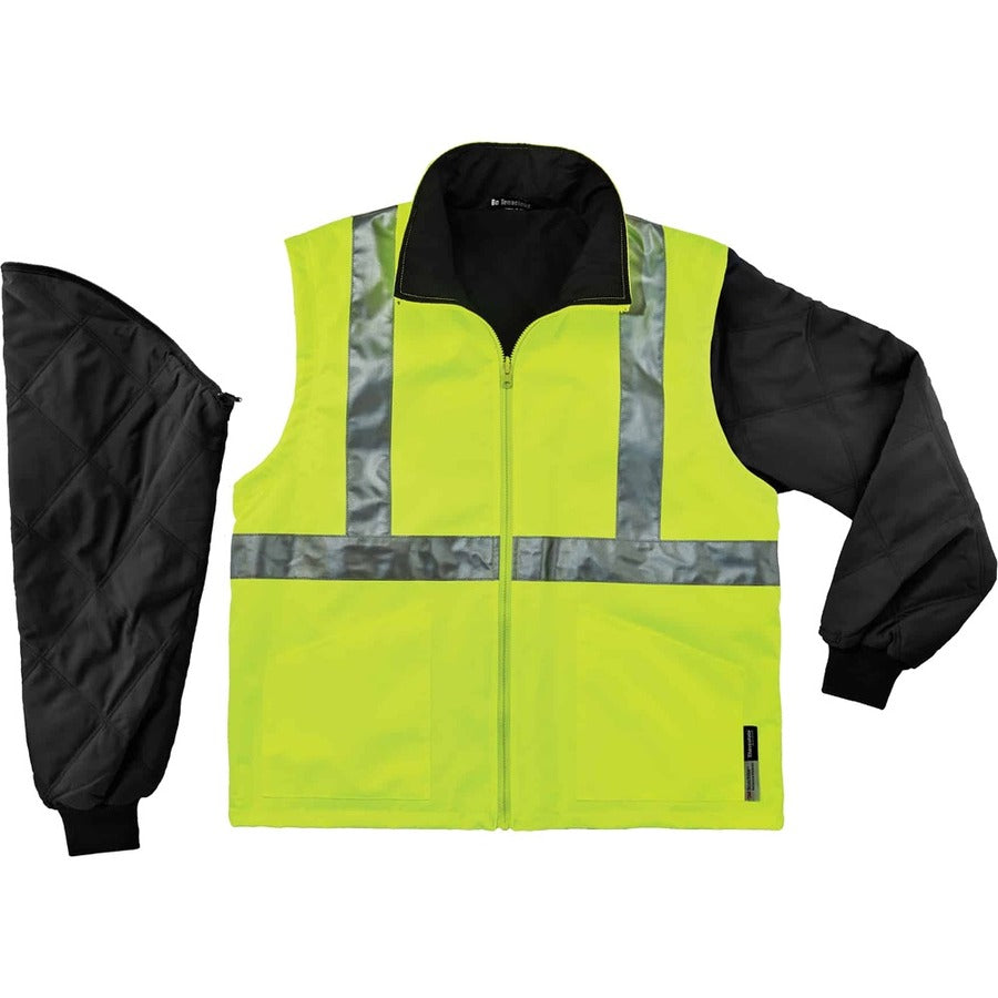Ergodyne GloWear 4-in-1 High Visibility Jacket, X-Large, Lime, Zipper Closure, Removable Sleeves, Inset Hood, Reflective Strips, Breathable, Weatherproof, 1 Each