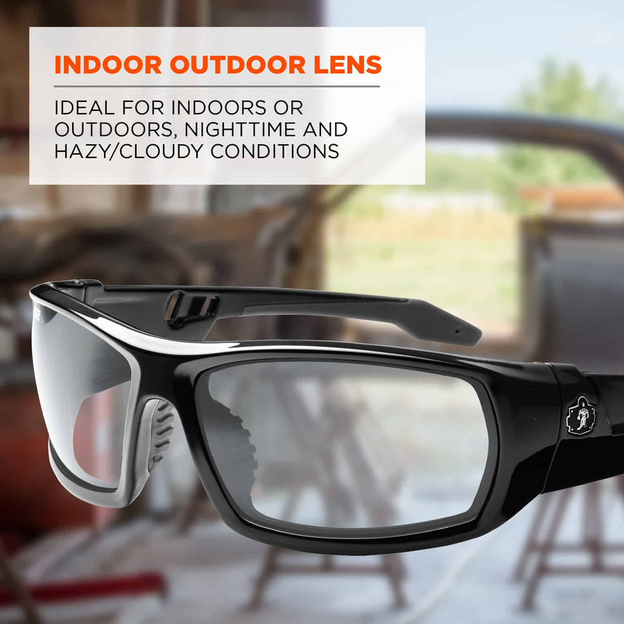 Ergodyne Skullerz ODIN In/Outdoor Lens Safety Glasses, Black Frame, Scratch & Impact Resistant, Non-slip, Flexible, 1 Each