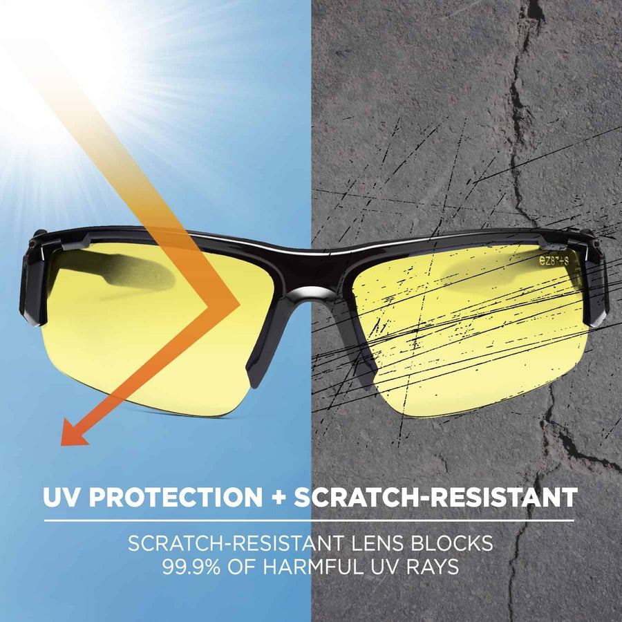 Ergodyne Dagr Smoke Lens Safety Glasses, Yellow Lens, Black Frame, Scratch Resistant, Impact Resistant, Anti-glare, Non-slip, Comfortable, 1 Each