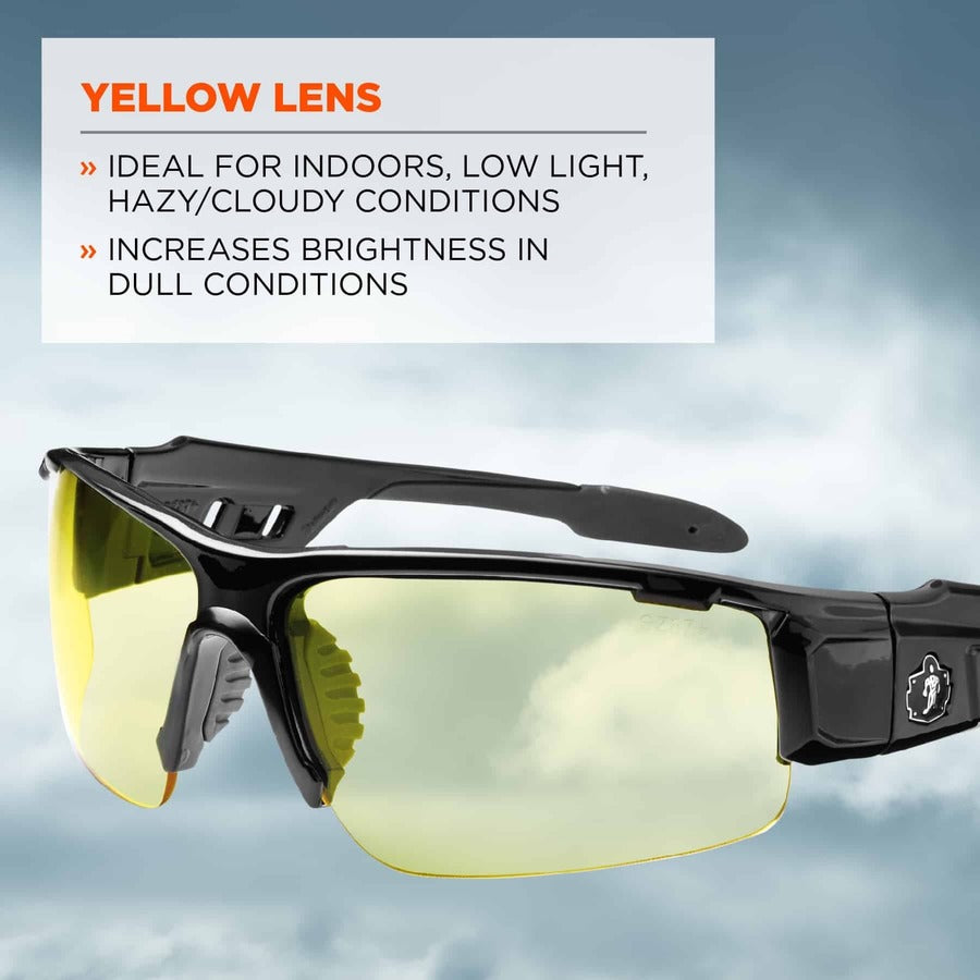 Ergodyne Dagr Smoke Lens Safety Glasses, Yellow Lens, Black Frame, Scratch Resistant, Impact Resistant, Anti-glare, Non-slip, Comfortable, 1 Each