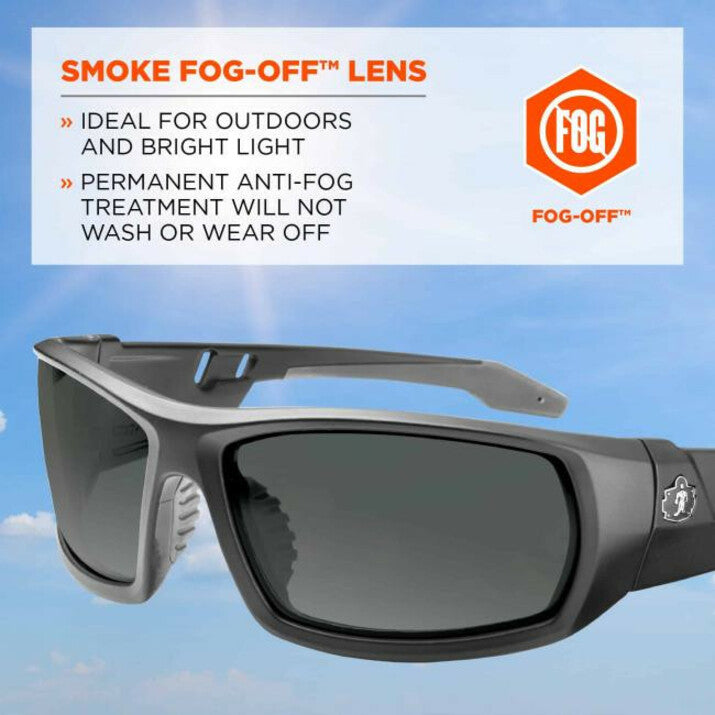 Ergodyne Skullerz Odin AF Smoke Safety Glasses, Matte Black Frame, Anti-Fog, Scratch & Impact Resistant, 1 Each