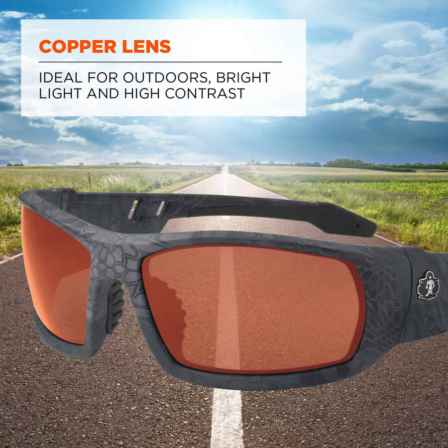 Ergodyne Skullerz Odin Safety Glasses, Copper Lens, Kryptek Typhon Frame, Scratch & Impact Resistant, Anti-glare, Non-slip, 1 Each
