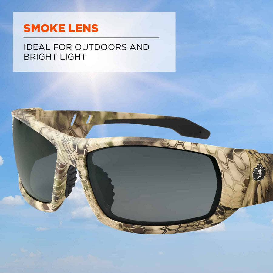 Ergodyne Skullerz Odin Smoke Lens Safety Glasses, Kryptek Highlander Frame, Scratch & Impact Resistant, Anti-glare, Non-slip, 1 Each