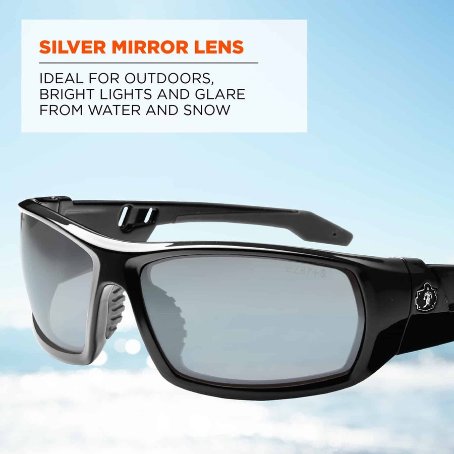 Ergodyne Skullerz ODIN Silver Mirror Safety Glasses, Black Frame, Scratch & Impact Resistant, Anti-glare, Non-slip, Bendable, 1 Each