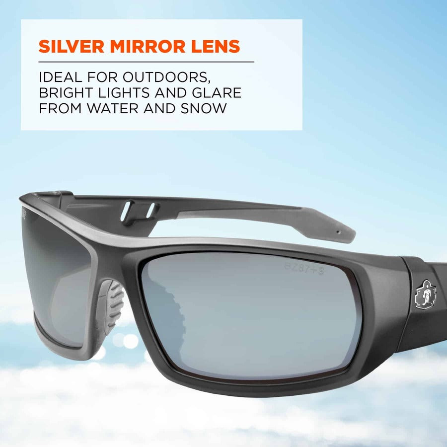 Ergodyne Skullerz ODIN Silver Mirror Safety Glasses, Matte Black Frame, Scratch & Impact Resistant, Anti-glare, Non-slip, 1 Each