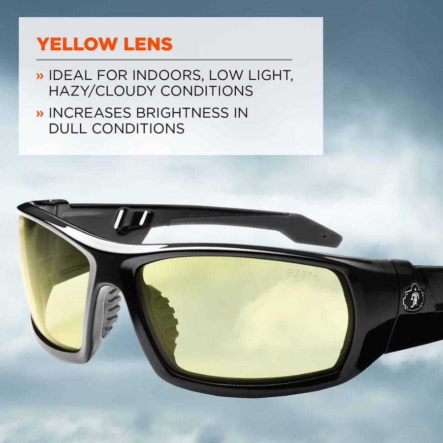 Ergodyne Skullerz Odin Safety Glasses, Yellow Lens, Black Frame, Scratch & Impact Resistant, Anti-glare, Non-slip, Bendable, 1 Each