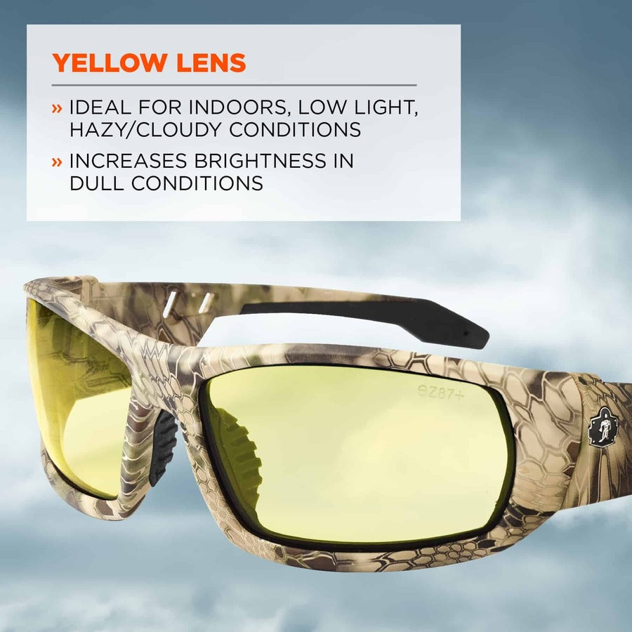 Ergodyne Skullerz Odin Safety Glasses, Yellow Lens, Kryptek Highlander Frame, Scratch & Impact Resistant, Anti-glare, Non-slip, 1 Each