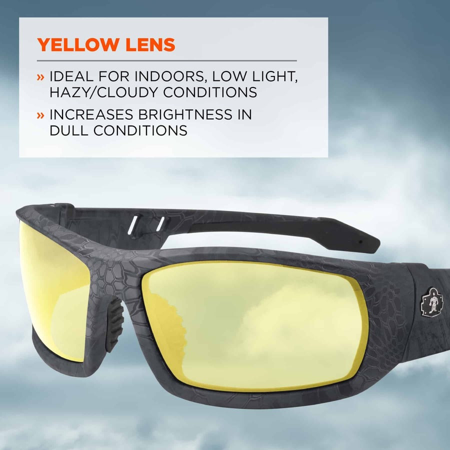 Ergodyne Skullerz Odin Safety Glasses, Yellow Lens, Kryptek Typhon Frame, Scratch & Impact Resistant, Anti-glare, Non-slip, 1 Each