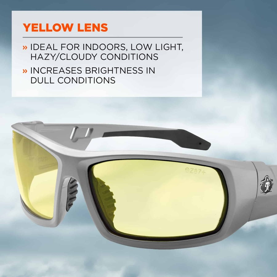 Ergodyne Skullerz Odin Safety Glasses, Yellow Lens, Matte Gray Frame, Scratch & Impact Resistant, Anti-glare, Non-slip, 1 Each