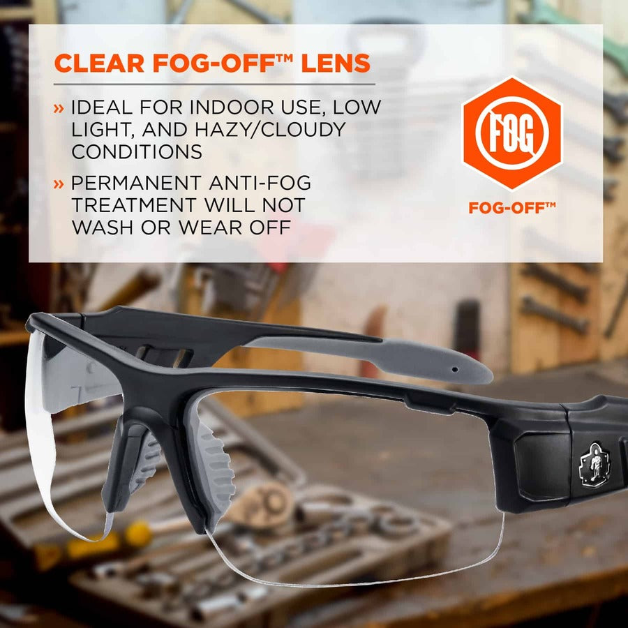 Ergodyne Skullerz Dagr AF Clear Safety Glasses, Matte Black Frame, Anti-Fog, Scratch Resistant, Impact Resistant, 1 Each