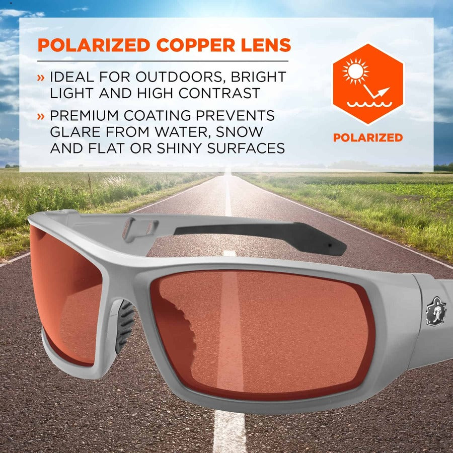 Ergodyne Skullerz ODIN-PZ Polarized Copper Safety Glasses, Matte Gray Frame, Scratch & Impact Resistant, Anti-glare, Non-slip, Bendable, 1 Each