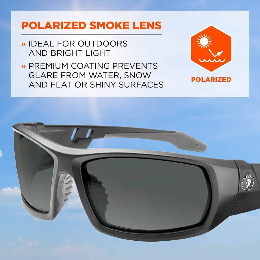 Ergodyne Skullerz ODIN-PZ Polarized Smoke Safety Glasses, Matte Black Frame, Scratch & Impact Resistant, Anti-glare, Non-slip, 1 Each