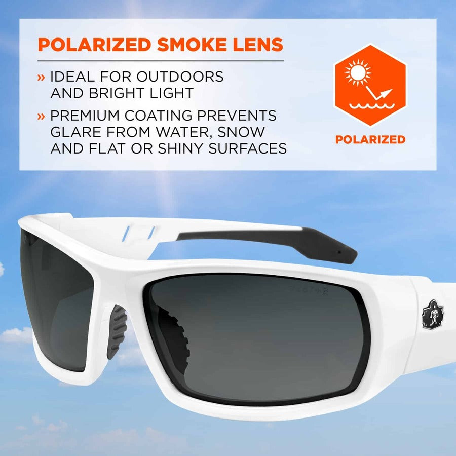 Ergodyne Skullerz ODIN-PZ Polarized Smoke Safety Glasses, White Frame, Scratch & Impact Resistant, Anti-glare, Shatter Resistant Lens, 1 Each