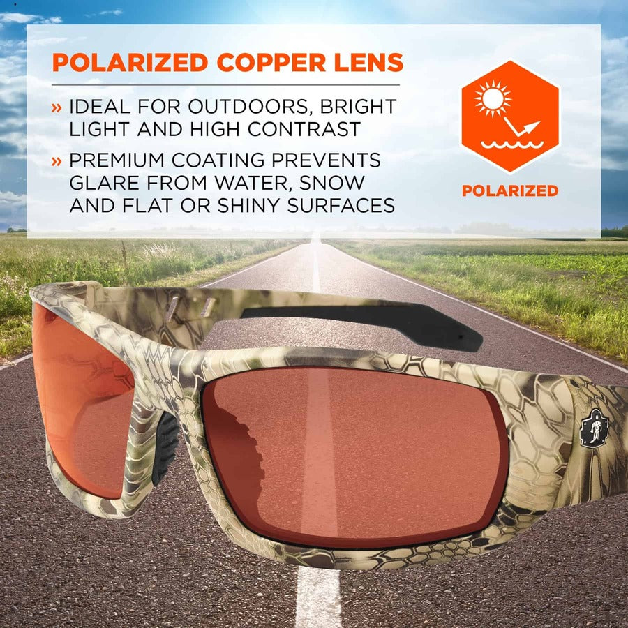 Ergodyne Skullerz ODIN-PZ Polarized Copper Safety Glasses, Kryptek Highlander Frame, Scratch & Impact Resistant, Anti-glare, Non-slip, 1 Each