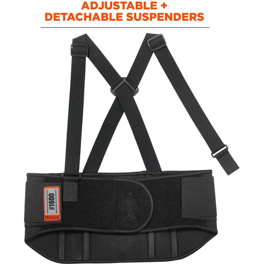 Ergodyne ProFlex 1600 Standard Back Support Brace - 38" to 42" Waist Size - Black - Elastic, Polypropylene, Rubber - 1 Each